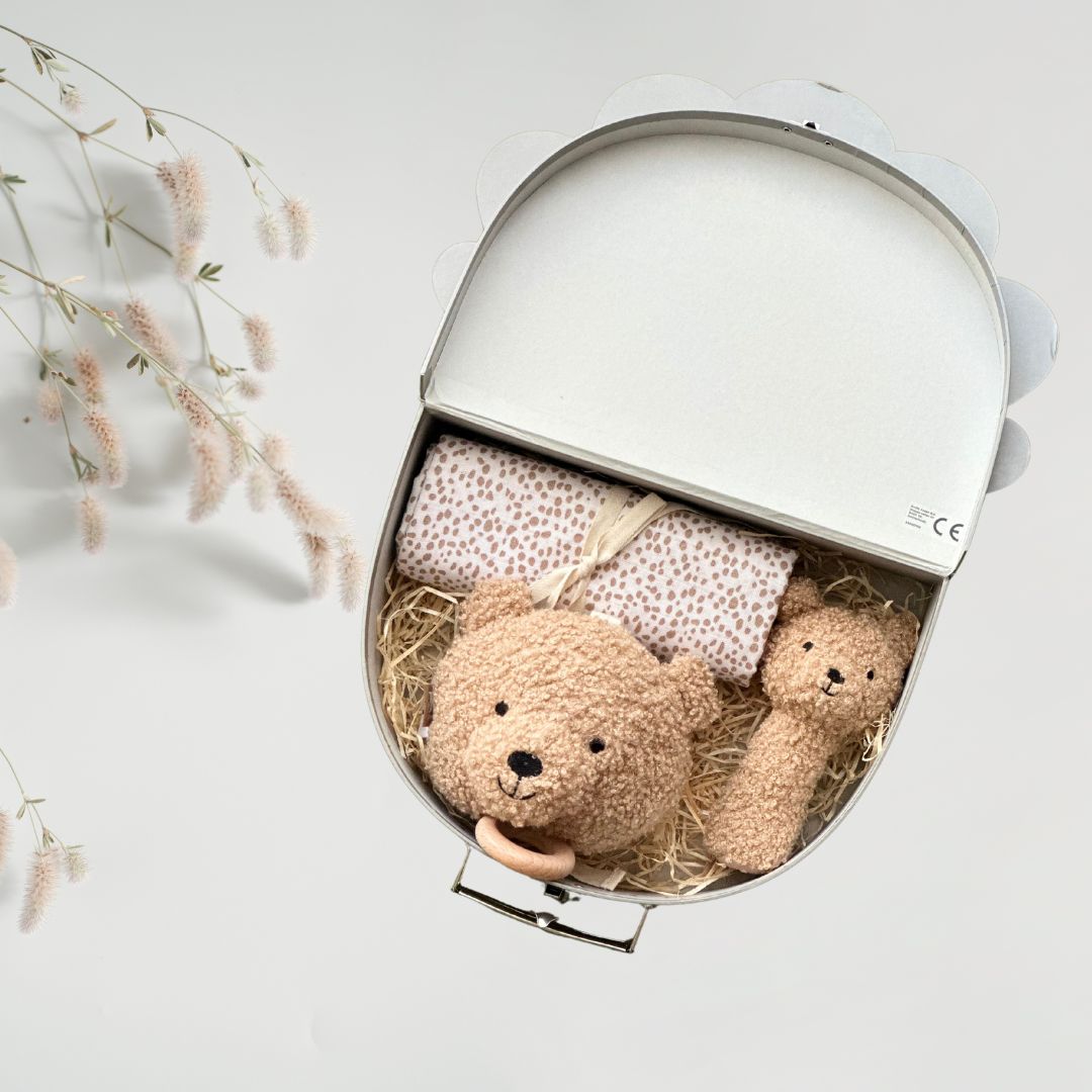 set cadou bebeluși Petite Bear de la Jollein în valiză decorativă