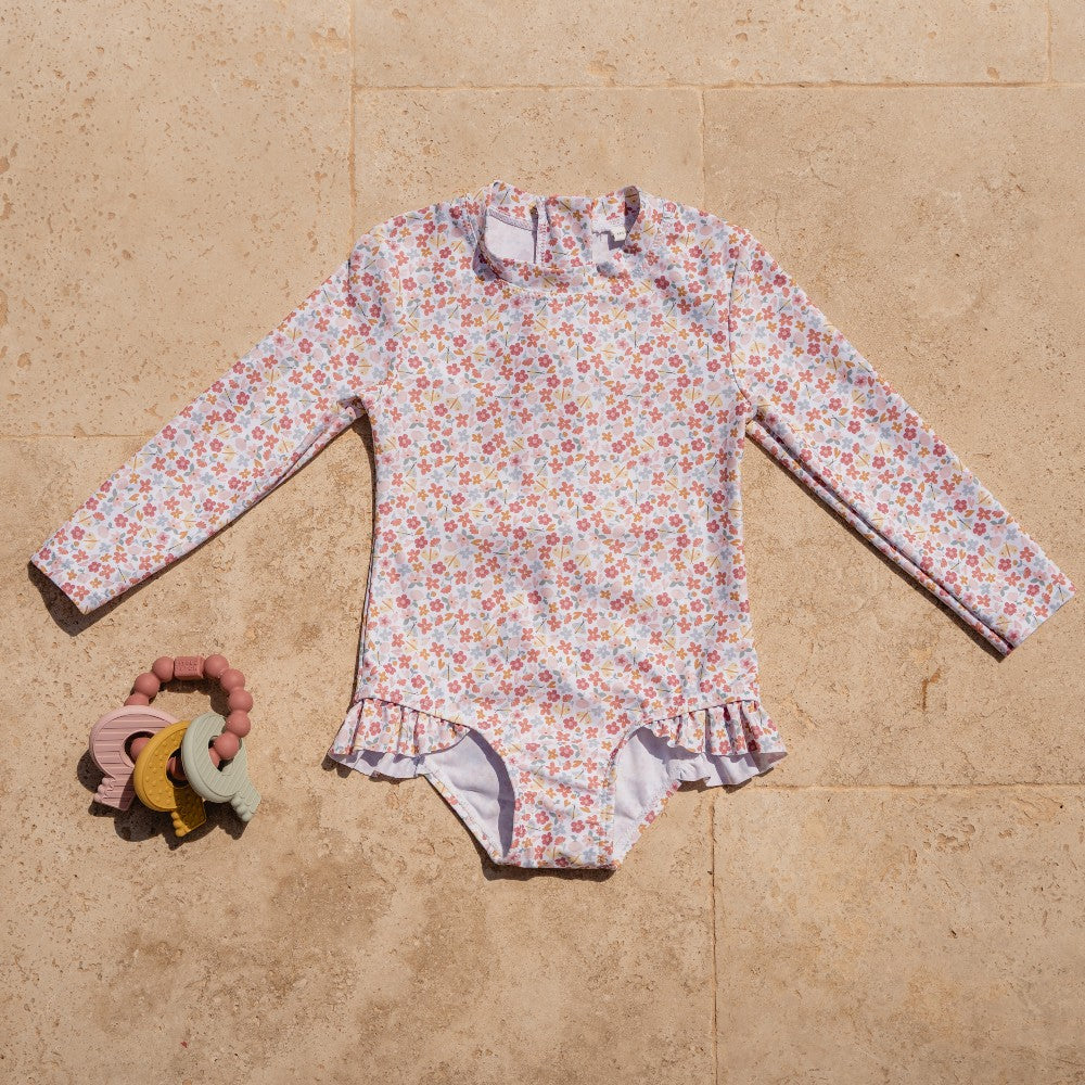 Costum de baie anti-UV cu maneci lungi Summer Flowers pentru copii - Little Dutch