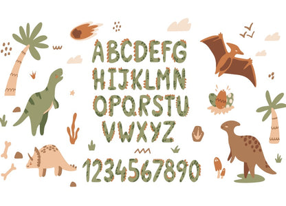 Tablou Decorativ Camera Copilului - Alfabet si numere Dino pe Panza de Canvas