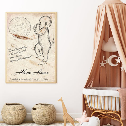Tablou Personalizat cu Desen Bebelus si Harta Stelelor Vintage