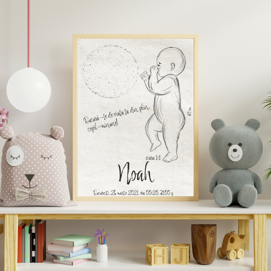 Tablou Personalizat pentru Copii - Stars Birth Poster cu Desen Bebelus si Harta Stelelor