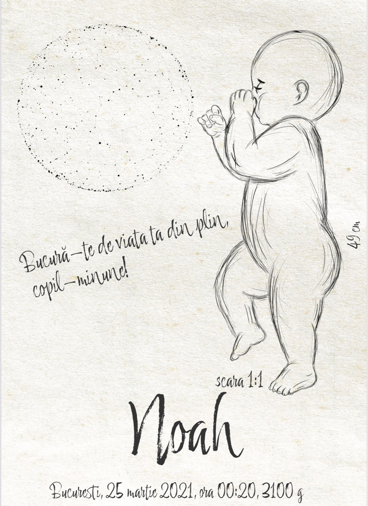 Tablou Personalizat pentru Copii - Stars Birth Poster cu Desen Bebelus si Harta Stelelor