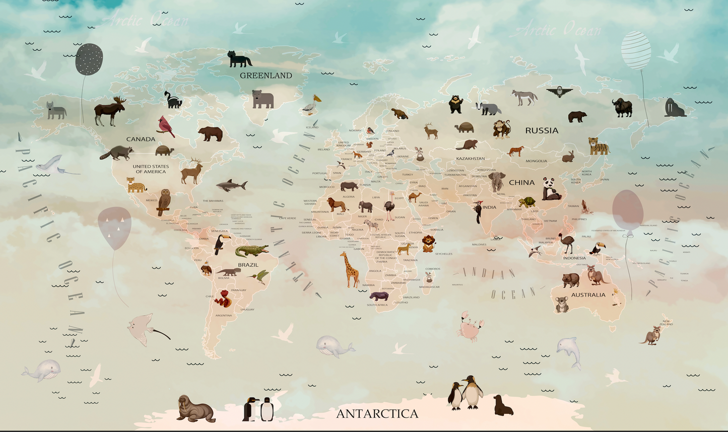 Tablou Decorativ Camera Copilului - Harta Lumii Cu Animale