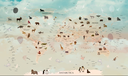 Tablou Decorativ Camera Copilului - Harta Lumii Cu Animale