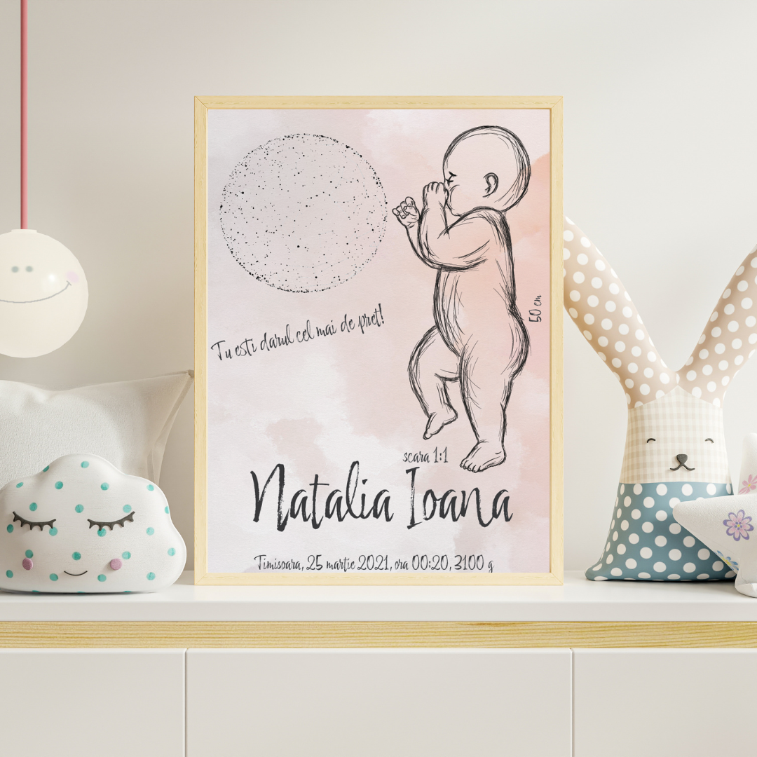 Tablou Personalizat pentru Copii - Peach Birth Poster cu Desen Bebelus si Harta Stelelor