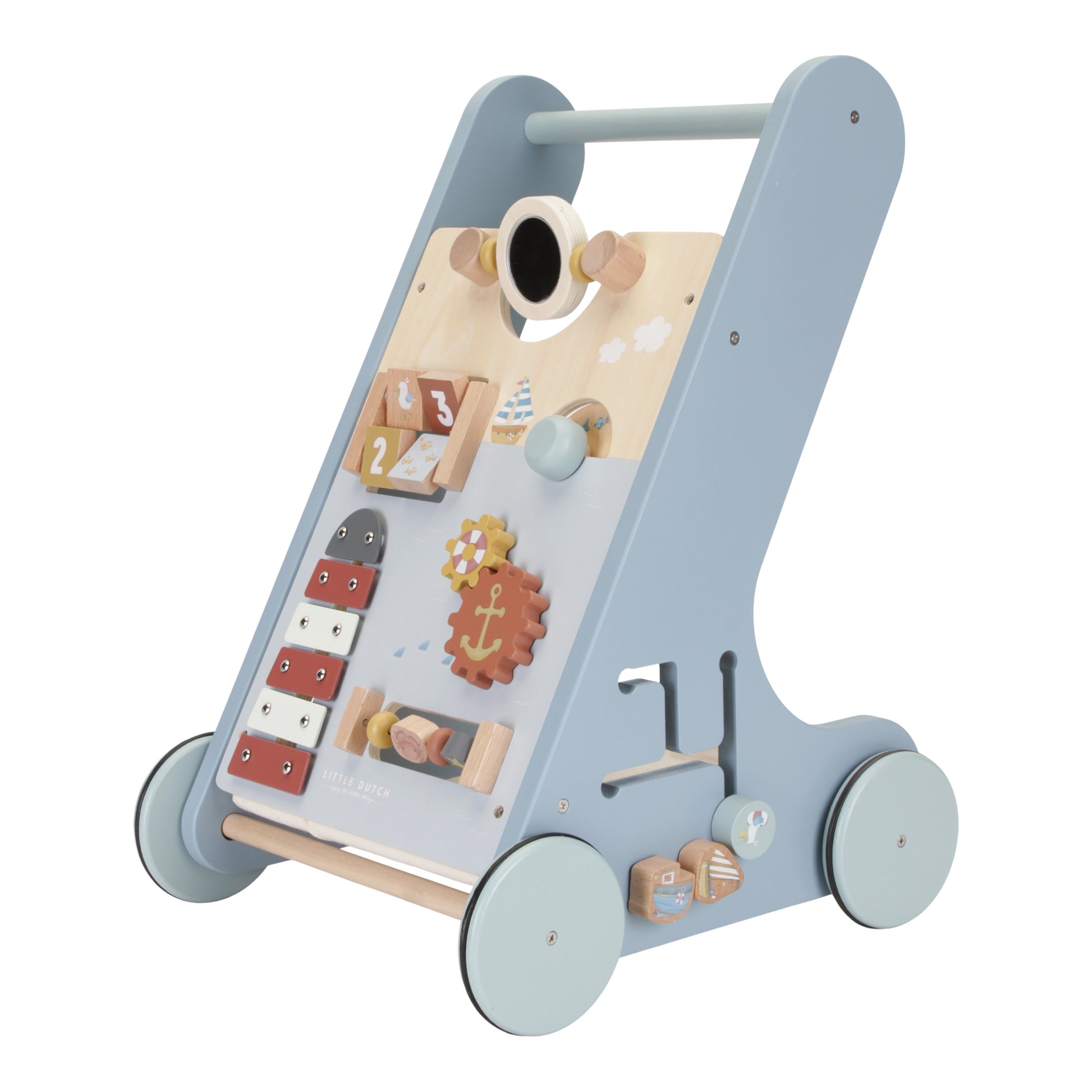 a wooden toy with wheels and knobs on a white background