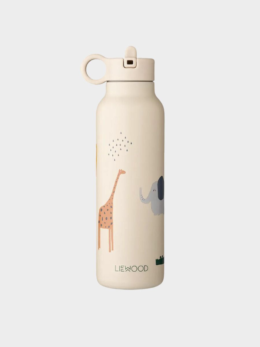 a water bottle with a giraffe and elephant on it