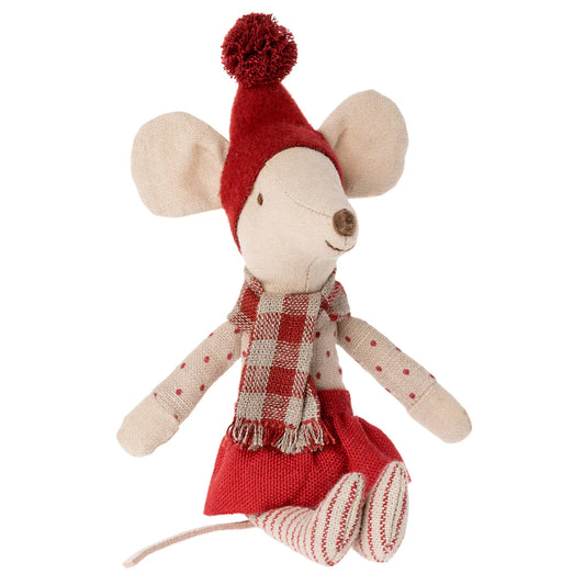 a stuffed mouse wearing a red hat and scarf